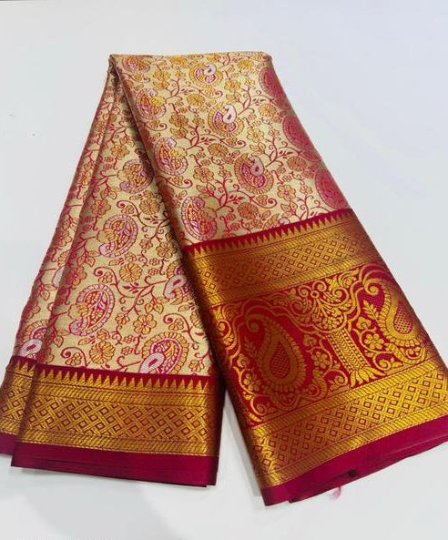 Gold-Toned Saree with Red Brocade Border