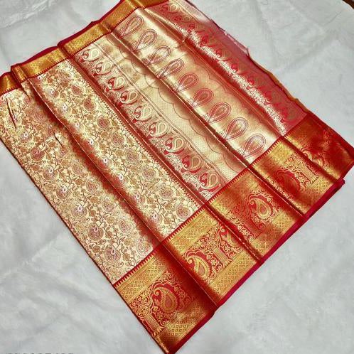 Gold-Toned Saree with Red Brocade Border