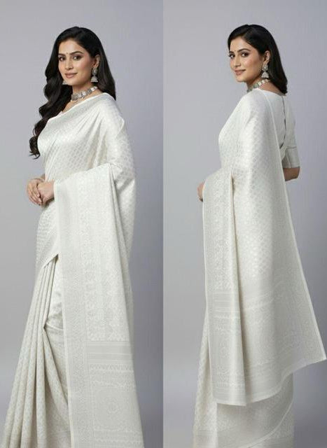 Ivory White Saree with Subtle Woven Texture