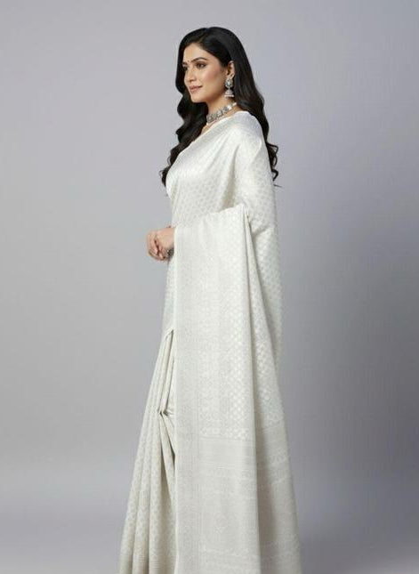 Ivory White Saree with Subtle Woven Texture