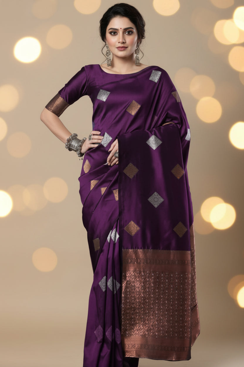 Model wearing grape purple Banarasi silk saree - full length front view showing diamond zari buti