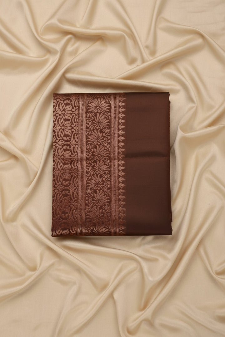 Chocolate Brown Banarasi Silk Saree - Flat lay showing copper zari border and buti