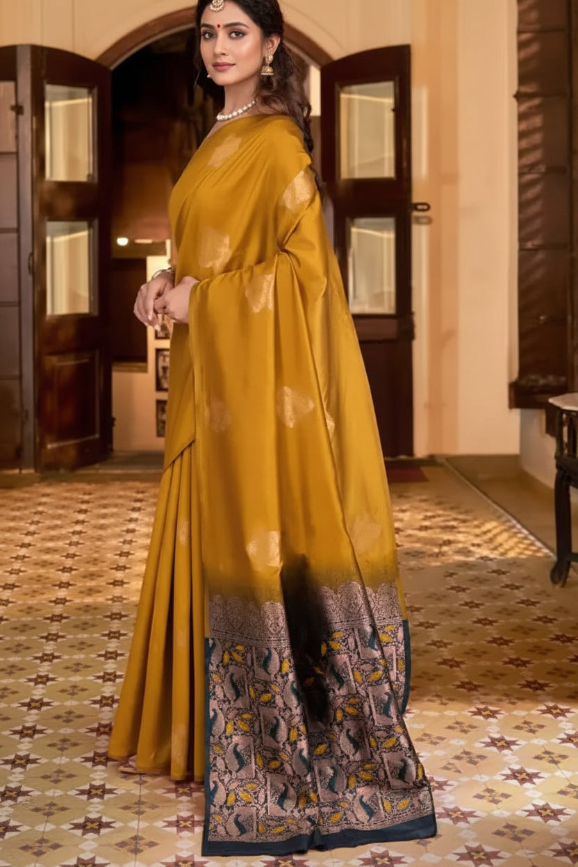 Mustard Silk Saree - Back drape showing dark Kalamkari zari pallu