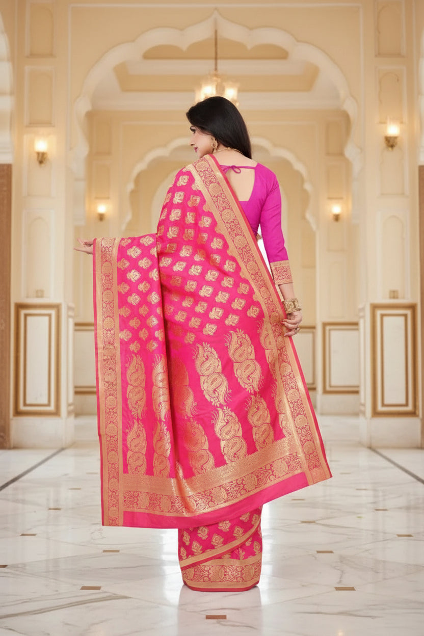 Pink Banarasi Silk Saree - Side drape view