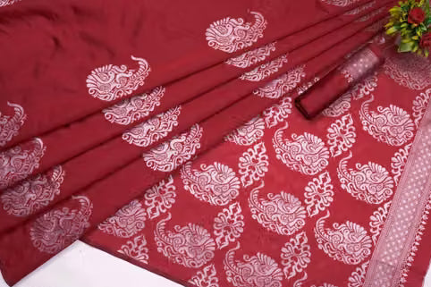 Maroon Kanjipuram Silk Saree - Full spread showing pallu and silver zari peacock paisley motifs