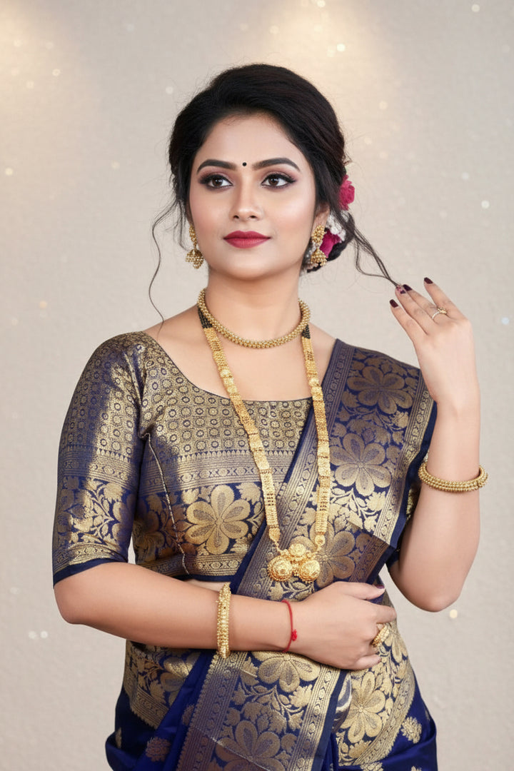 Navy Blue Banarasi Silk Saree - Gold brocade blouse close-up