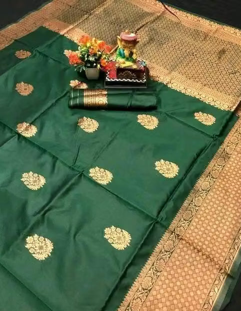 Bottle Green Banarasi Silk Saree - Flat lay with gold floral buti and pallu