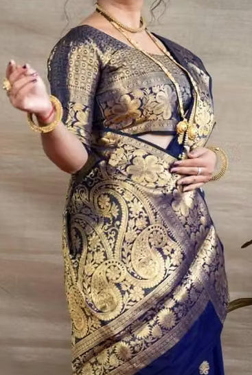 Navy Blue Banarasi Silk Saree - Gold zari pallu close-up