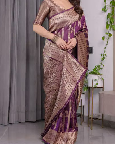 Purple Banarasi silk saree - back drape view
