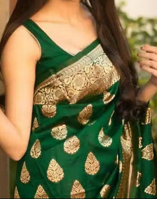 Dark Green Banarasi Silk Saree - Model front drape showing gold paisley buti and zari border