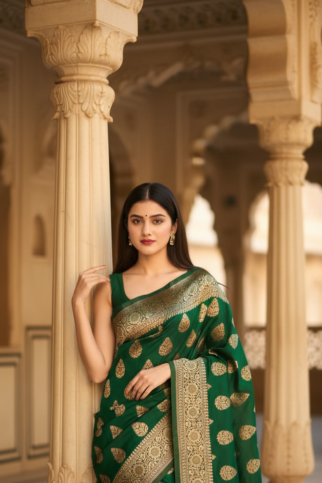 Dark Green Banarasi Silk Saree with Gold Paisley Buti