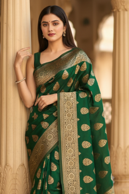 Dark Green Banarasi Silk Saree with Gold Paisley Buti