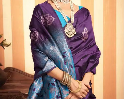 Purple Teal Dual Tone Silk Saree - Model close-up with silver zari buti