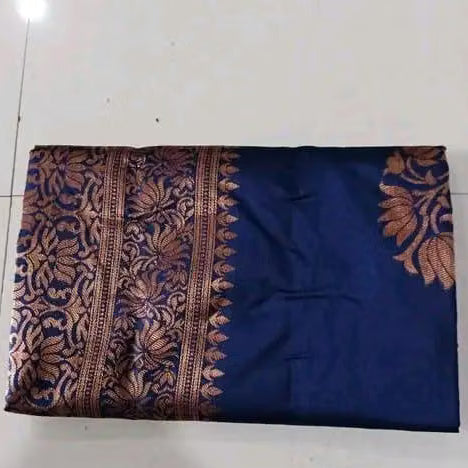 Navy Blue Banarasi Silk Saree - Flat lay showing copper zari border and buti
