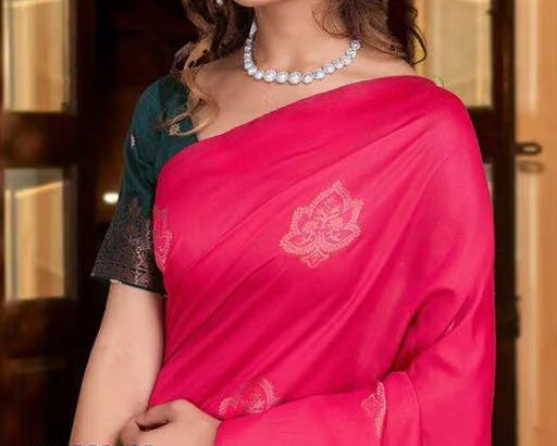Hot Pink Banarasi Silk Saree - Close-up with green blouse