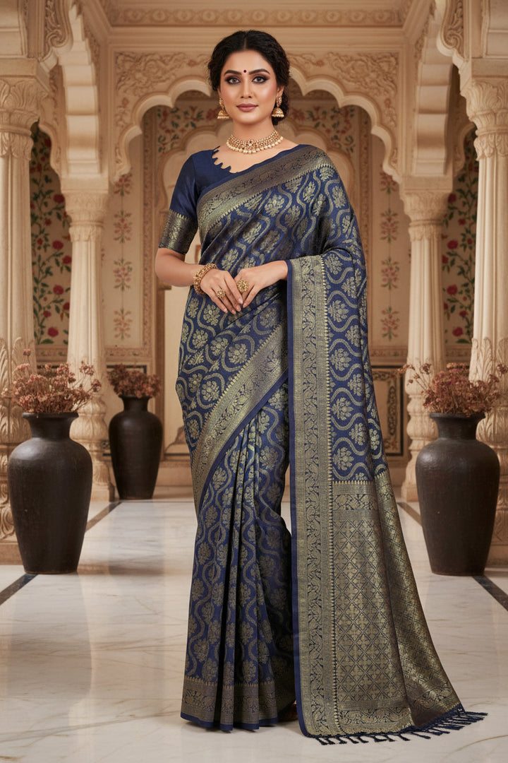 Model wearing royal blue Banarasi silk saree - full length front view showing gold zari jaal