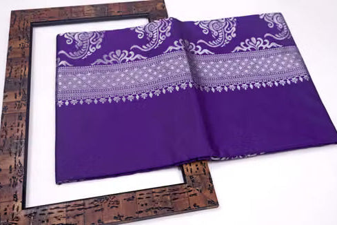 Royal Purple Kanjipuram Silk Saree - Flat lay with blouse piece in decorative frame
