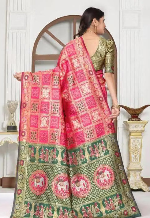 Pink Patola Silk Saree - Back pallu with elephant motifs