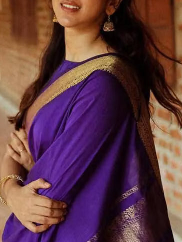 Violet Kanjipuram Silk Saree - Model close-up showing gold zari border and drape