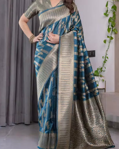Teal Banarasi silk saree with silver zari - front view