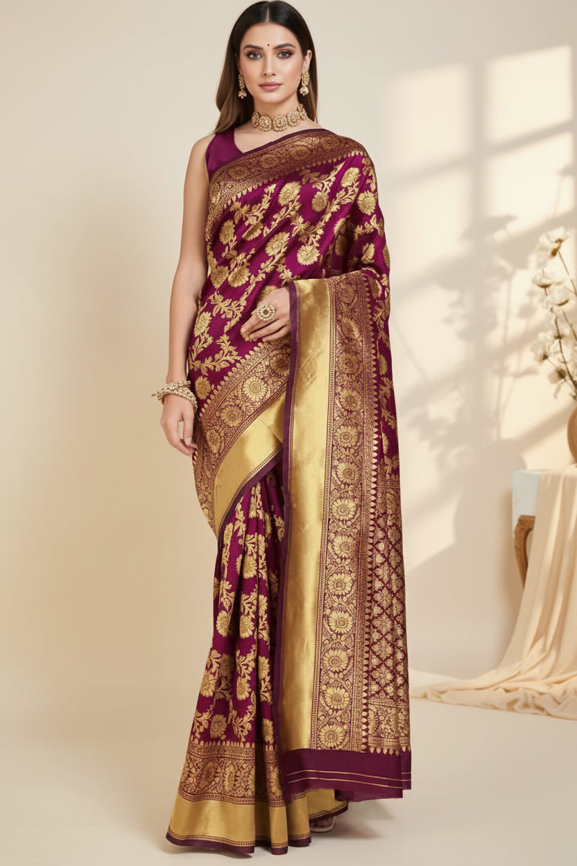 Magenta Banarasi Silk Saree - Front view