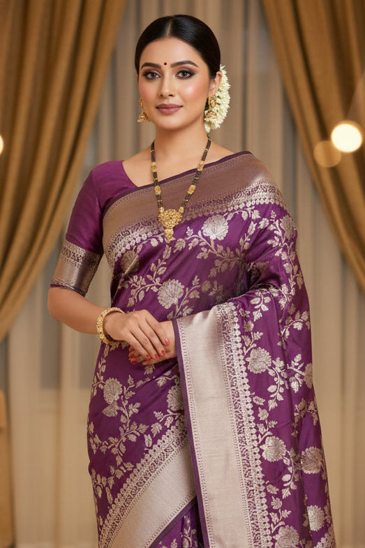 Wine Purple Banarasi Silk Saree - Model front view showing silver floral jaal and grand silver zari border