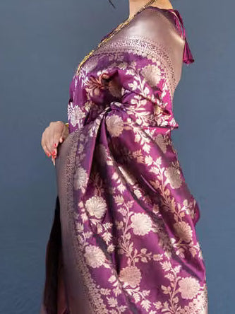 Wine Purple Banarasi Silk Saree - Model side view showing silver chrysanthemum jaal weave