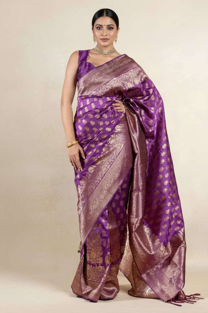 Model wearing purple Banarasi silk saree - front view
