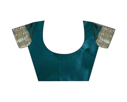 Teal Banarasi Silk Saree - Teal blouse with gold zari sleeve border