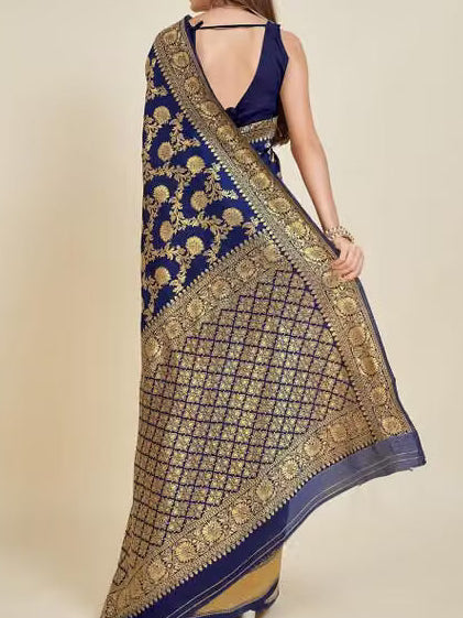 Navy Blue Banarasi Silk Saree - Pallu close-up with gold zari