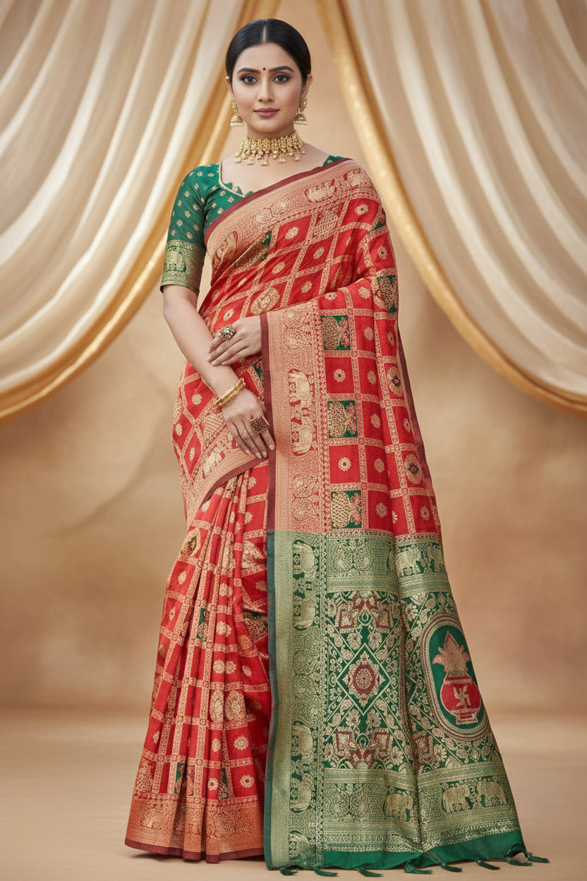 Red Patola Silk Saree - Full front drape view