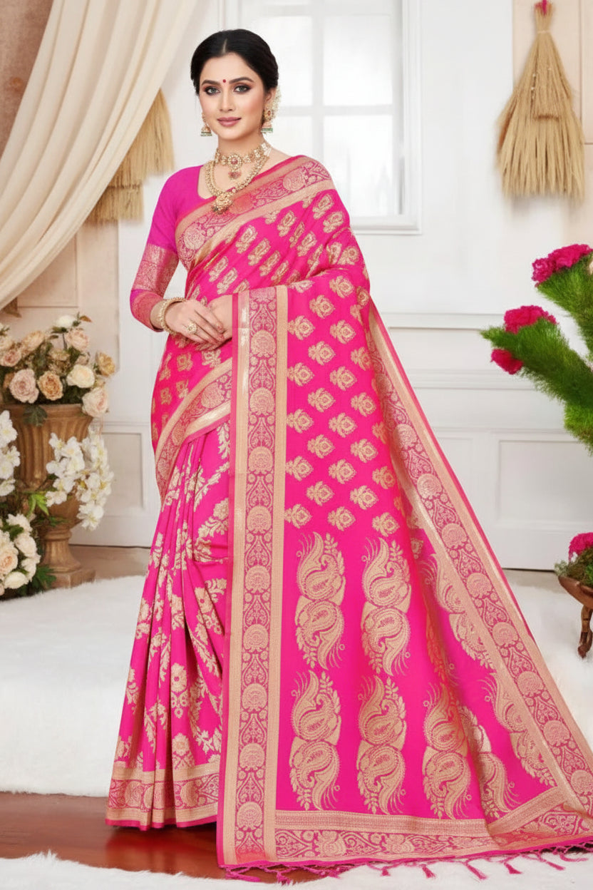 Pink Banarasi Silk Saree - Back pallu view