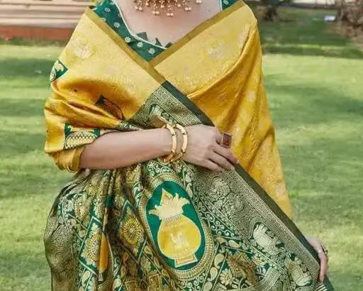 Yellow Patola Silk Saree - Pallu with elephant and kalash motifs