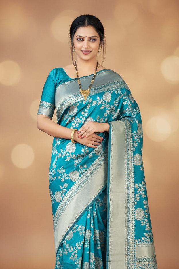 Model wearing teal Banarasi silk saree - side profile view showing pallu drape