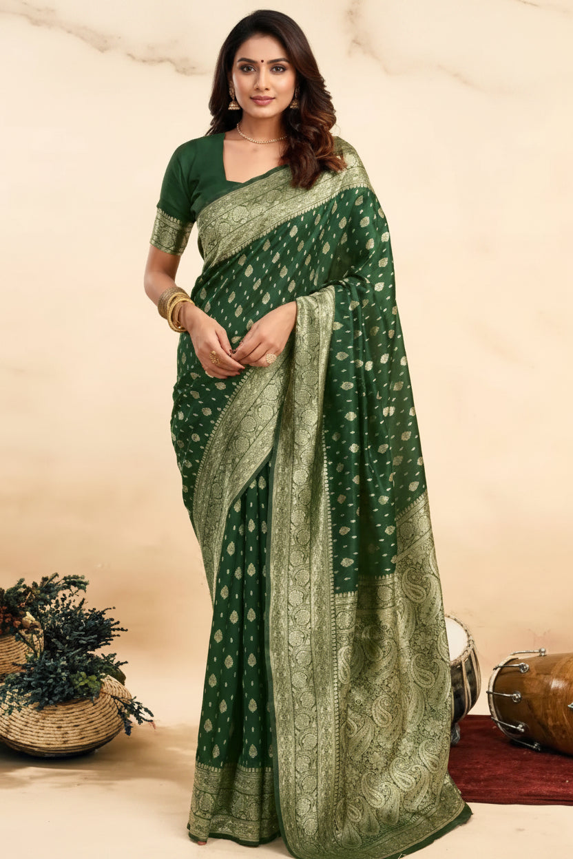 Dark Green Banarasi Silk Saree - Model front drape showing gold buti body and paisley pallu