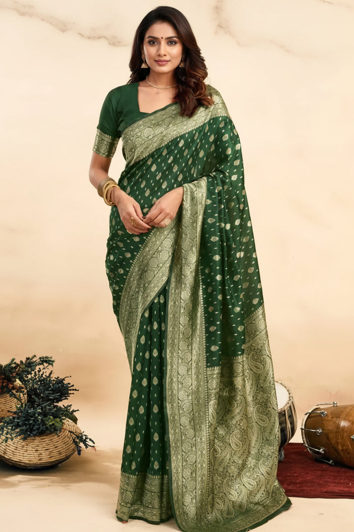 Dark Green Banarasi Silk Saree - Model front drape showing gold buti body and paisley pallu