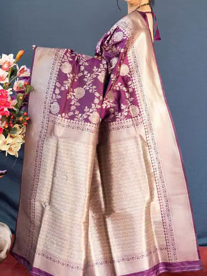 Wine Purple Banarasi Silk Saree - Model back view showing grand silver zari pallu