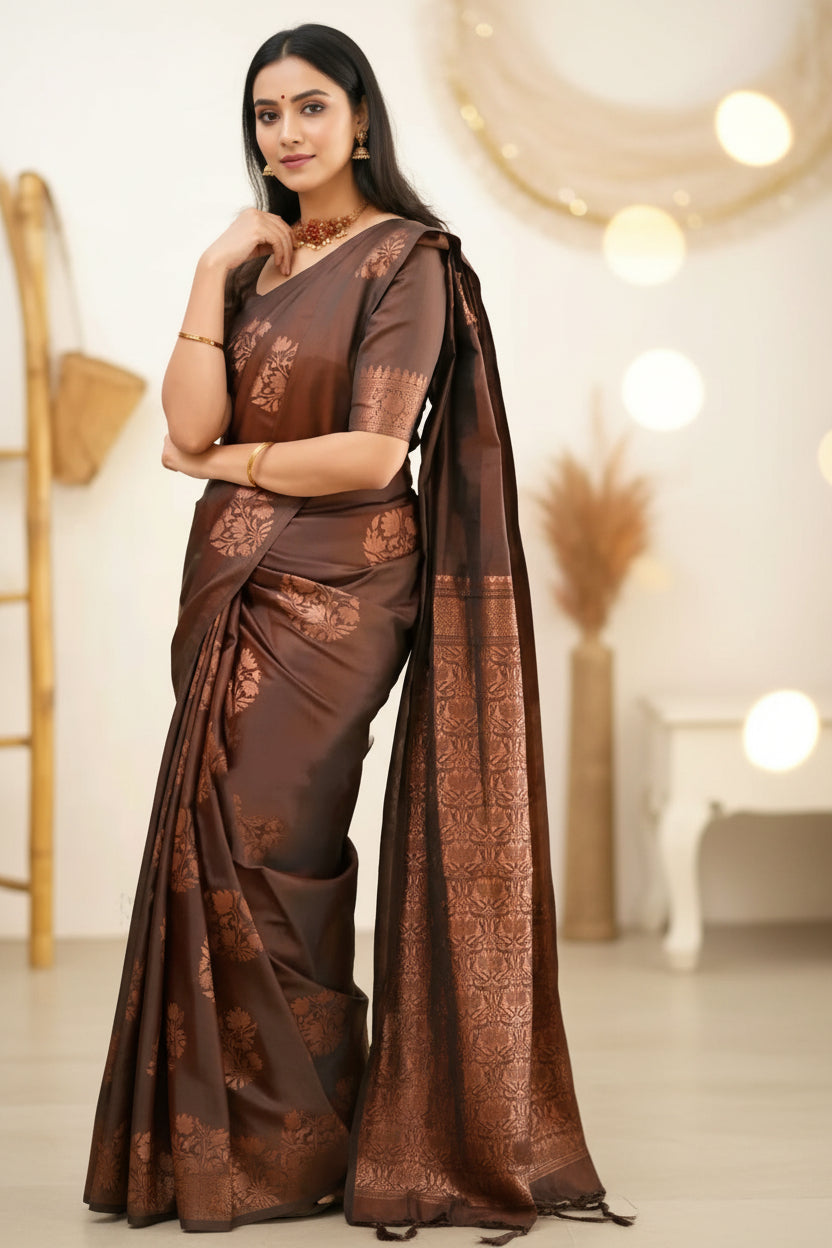 Chocolate Brown Banarasi Silk Saree - Model front drape view