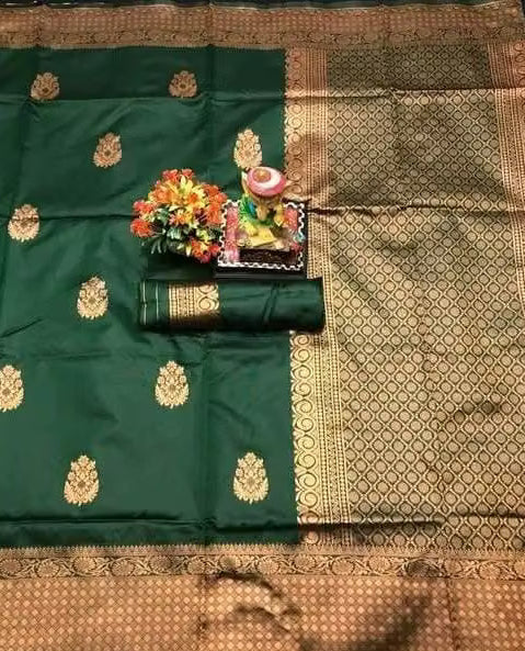Bottle Green Banarasi Silk Saree - Full flat lay showing gold zari border and pallu