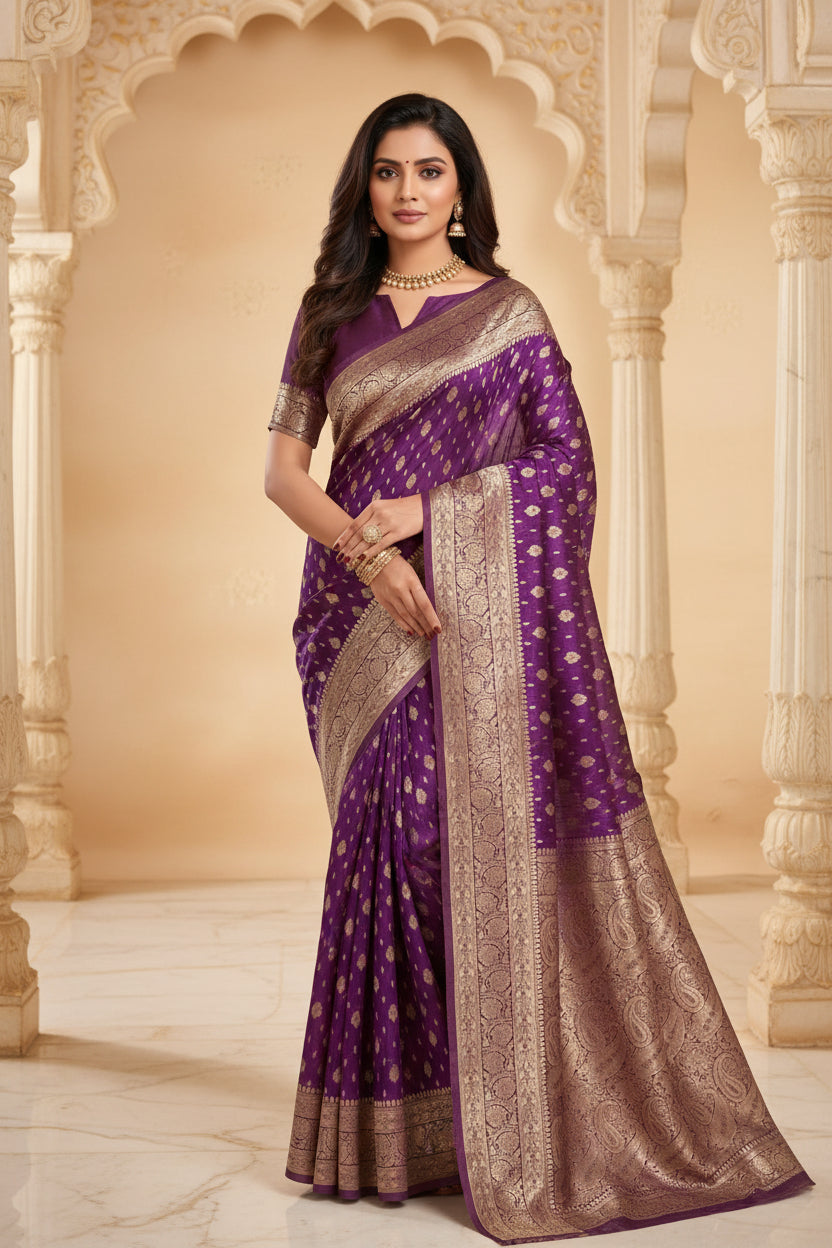 Model wearing violet Banarasi silk saree - front portrait view