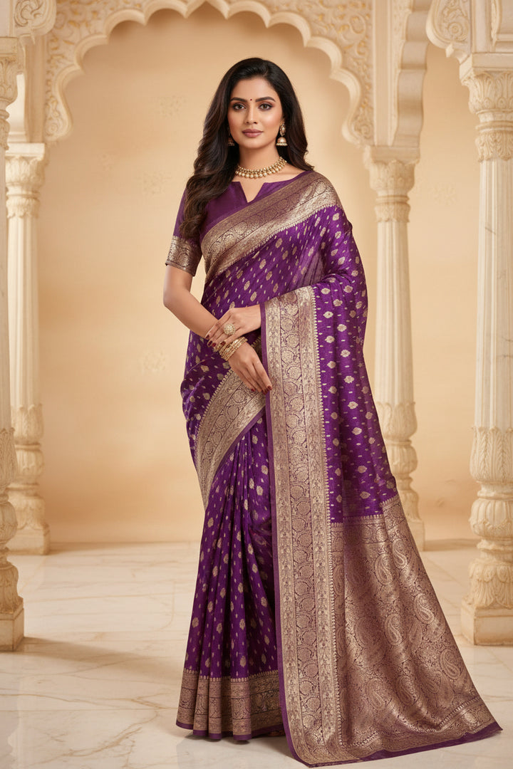 Model wearing violet Banarasi silk saree - front portrait view