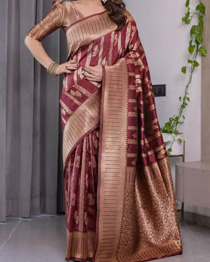 Model wearing maroon Banarasi silk saree with gold zari - front view