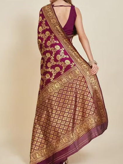 Magenta Banarasi Silk Saree - Back view with pallu