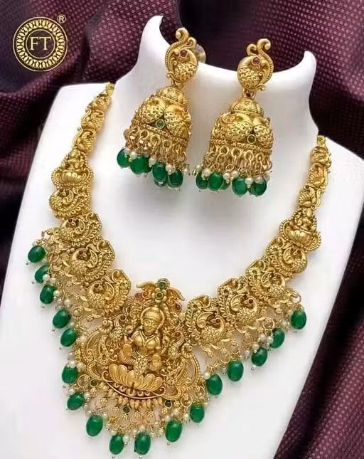 Lakshmi Temple Jewellery Necklace Set with Jhumka Earrings - Antique Gold with Emerald Green Beads