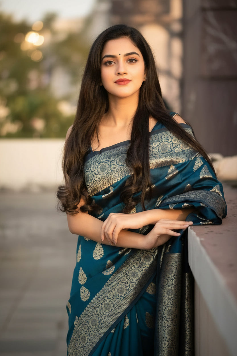 Teal Blue Banarasi Silk Saree - Model front drape view