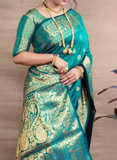 Teal Banarasi Silk Saree - Full drape with gold zari pallu