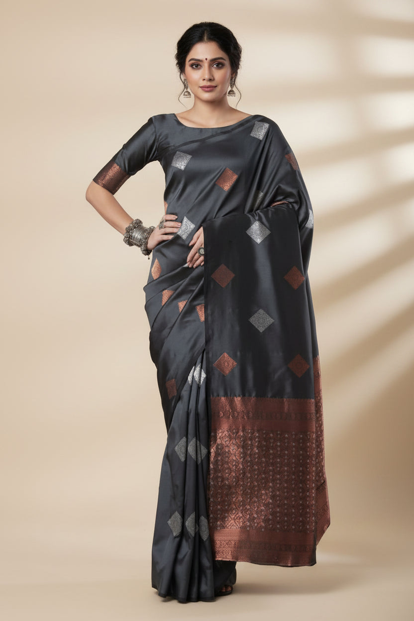 Charcoal Grey Banarasi Silk Saree - Model full front drape showing copper-silver diamond buti