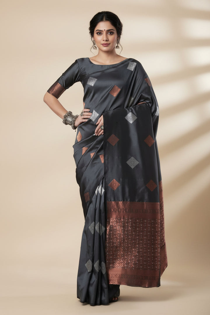 Charcoal Grey Banarasi Silk Saree - Model full front drape showing copper-silver diamond buti