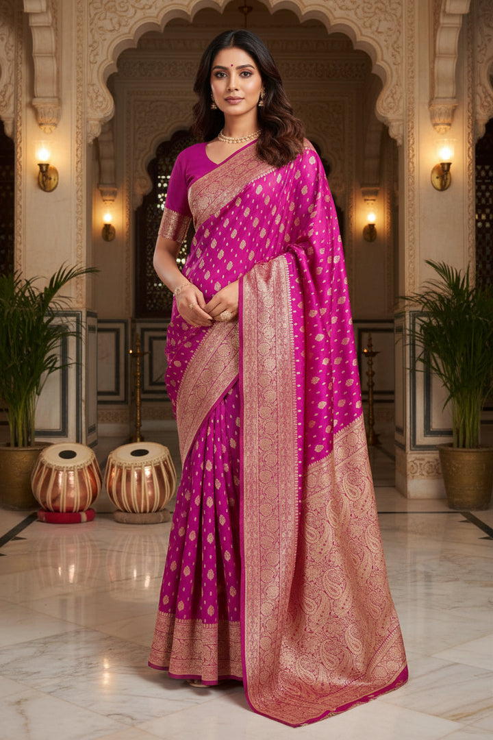 Magenta Banarasi silk saree fabric close-up showing zari buti
