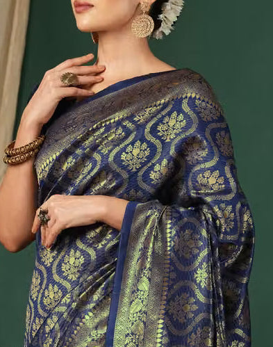 Close-up portrait of model wearing royal blue Banarasi silk saree showing gold zari jaal detail